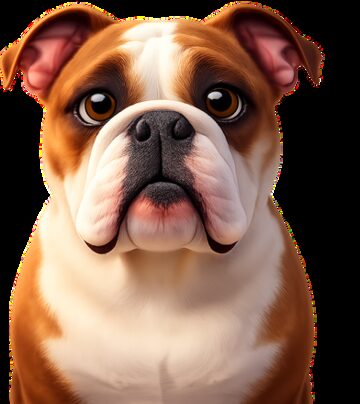 An illustrated portrait of a bulldog, drawn from an owner's photograph
